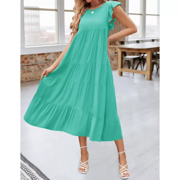 imageZESICA Womens 2024 Summer Ruffle Cap Sleeve Crewneck Casual Loose Flowy Pleated Tiered Midi Dresses with PocketsAqua