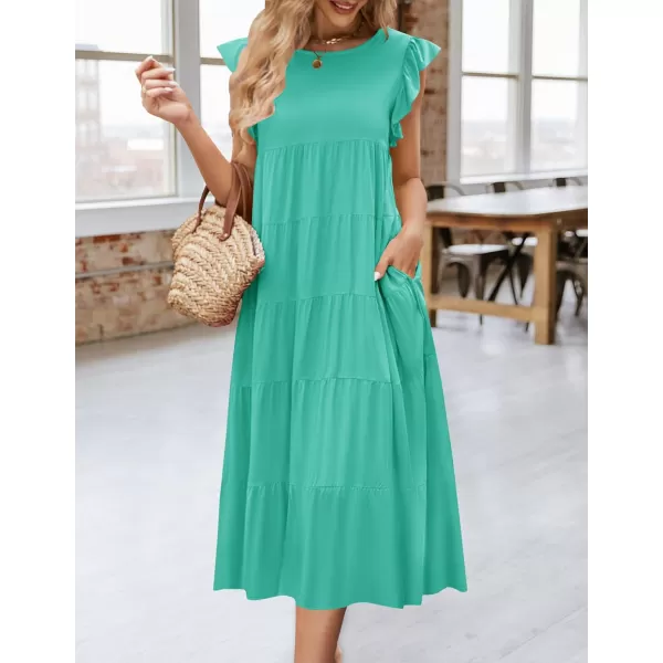 imageZESICA Womens 2024 Summer Ruffle Cap Sleeve Crewneck Casual Loose Flowy Pleated Tiered Midi Dresses with PocketsAqua