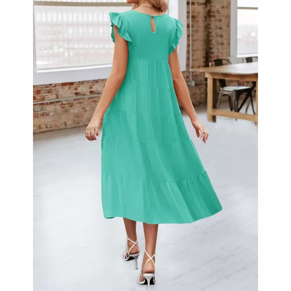 imageZESICA Womens 2024 Summer Ruffle Cap Sleeve Crewneck Casual Loose Flowy Pleated Tiered Midi Dresses with PocketsAqua