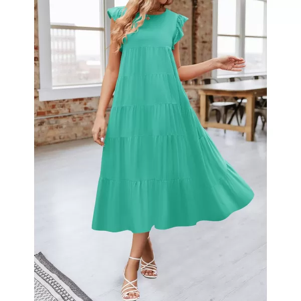 imageZESICA Womens 2024 Summer Ruffle Cap Sleeve Crewneck Casual Loose Flowy Pleated Tiered Midi Dresses with PocketsAqua