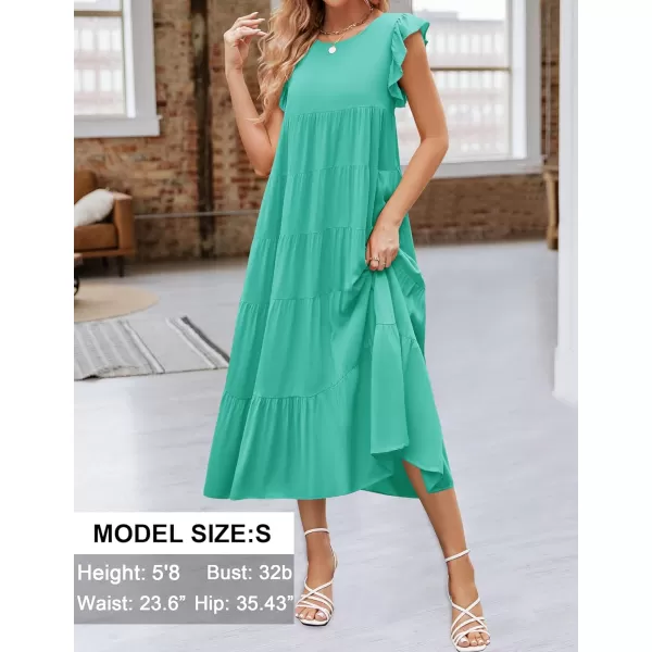 imageZESICA Womens 2024 Summer Ruffle Cap Sleeve Crewneck Casual Loose Flowy Pleated Tiered Midi Dresses with PocketsAqua