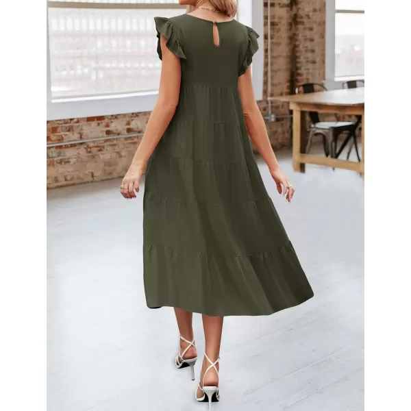 imageZESICA Womens 2024 Summer Ruffle Cap Sleeve Crewneck Casual Loose Flowy Pleated Tiered Midi Dresses with PocketsArmygreen