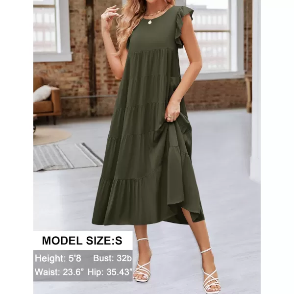 imageZESICA Womens 2024 Summer Ruffle Cap Sleeve Crewneck Casual Loose Flowy Pleated Tiered Midi Dresses with PocketsArmygreen