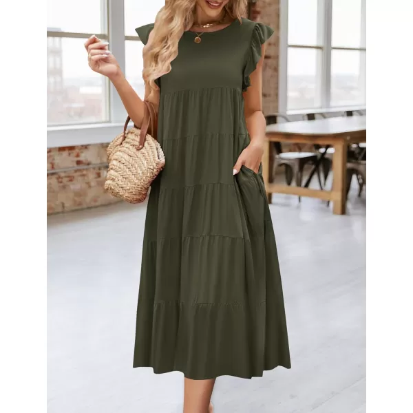 imageZESICA Womens 2024 Summer Ruffle Cap Sleeve Crewneck Casual Loose Flowy Pleated Tiered Midi Dresses with PocketsArmygreen