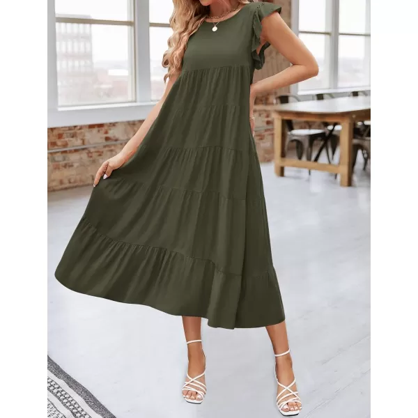 imageZESICA Womens 2024 Summer Ruffle Cap Sleeve Crewneck Casual Loose Flowy Pleated Tiered Midi Dresses with PocketsArmygreen