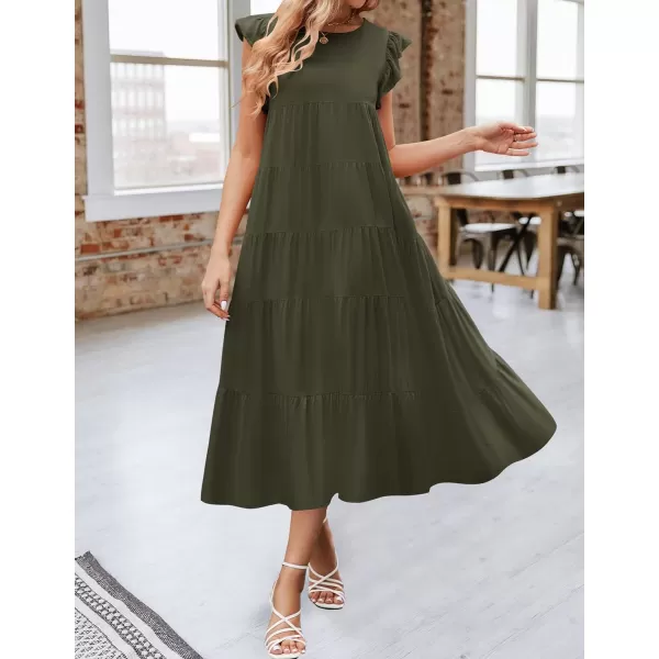 imageZESICA Womens 2024 Summer Ruffle Cap Sleeve Crewneck Casual Loose Flowy Pleated Tiered Midi Dresses with PocketsArmygreen