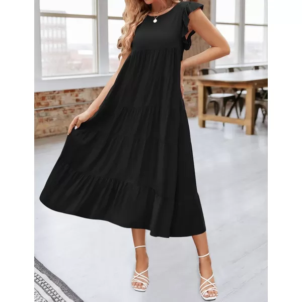 imageZESICA Womens 2024 Summer Ruffle Cap Sleeve Crewneck Casual Loose Flowy Pleated Tiered Midi Dresses with PocketsBlack