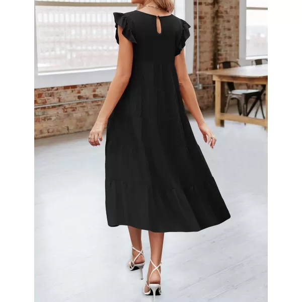 imageZESICA Womens 2024 Summer Ruffle Cap Sleeve Crewneck Casual Loose Flowy Pleated Tiered Midi Dresses with PocketsBlack