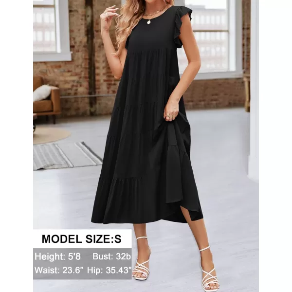 imageZESICA Womens 2024 Summer Ruffle Cap Sleeve Crewneck Casual Loose Flowy Pleated Tiered Midi Dresses with PocketsBlack