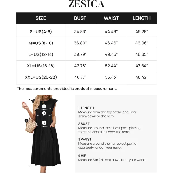 imageZESICA Womens 2024 Summer Ruffle Cap Sleeve Crewneck Casual Loose Flowy Pleated Tiered Midi Dresses with PocketsBlack