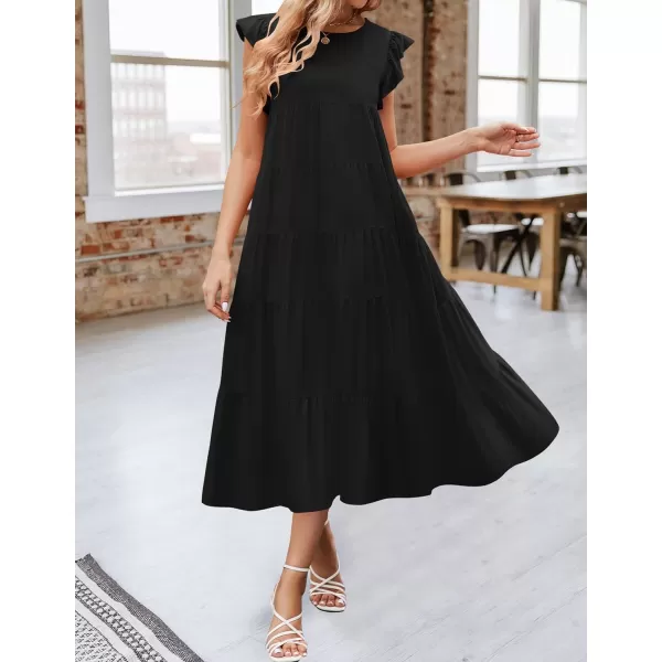 imageZESICA Womens 2024 Summer Ruffle Cap Sleeve Crewneck Casual Loose Flowy Pleated Tiered Midi Dresses with PocketsBlack