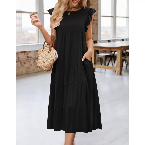 imageZESICA Womens 2024 Summer Ruffle Cap Sleeve Crewneck Casual Loose Flowy Pleated Tiered Midi Dresses with PocketsBlack