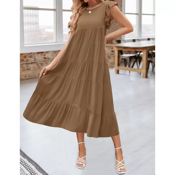 imageZESICA Womens 2024 Summer Ruffle Cap Sleeve Crewneck Casual Loose Flowy Pleated Tiered Midi Dresses with PocketsCoffee
