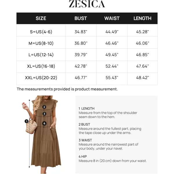 imageZESICA Womens 2024 Summer Ruffle Cap Sleeve Crewneck Casual Loose Flowy Pleated Tiered Midi Dresses with PocketsCoffee