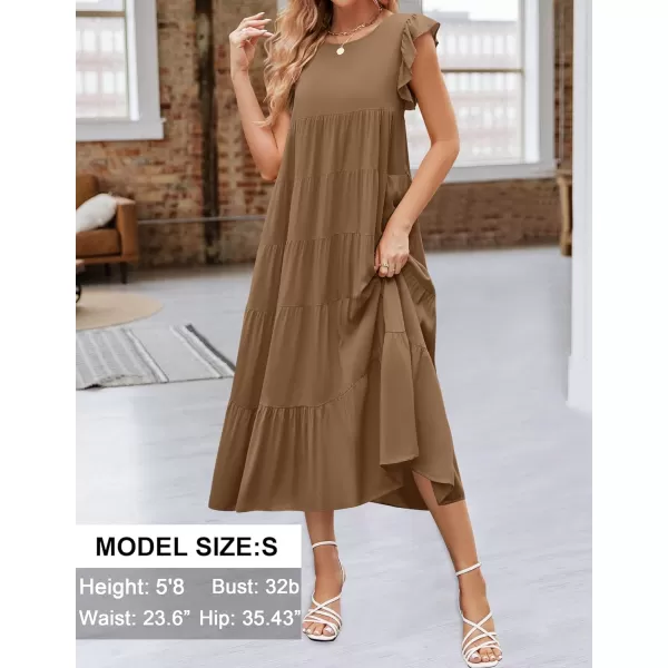 imageZESICA Womens 2024 Summer Ruffle Cap Sleeve Crewneck Casual Loose Flowy Pleated Tiered Midi Dresses with PocketsCoffee