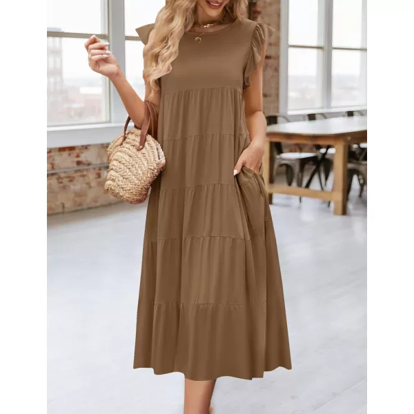 imageZESICA Womens 2024 Summer Ruffle Cap Sleeve Crewneck Casual Loose Flowy Pleated Tiered Midi Dresses with PocketsCoffee
