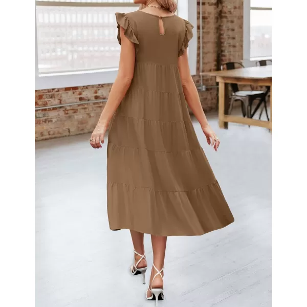 imageZESICA Womens 2024 Summer Ruffle Cap Sleeve Crewneck Casual Loose Flowy Pleated Tiered Midi Dresses with PocketsCoffee