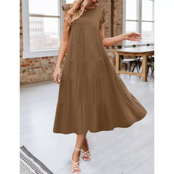 imageZESICA Womens 2024 Summer Ruffle Cap Sleeve Crewneck Casual Loose Flowy Pleated Tiered Midi Dresses with PocketsCoffee