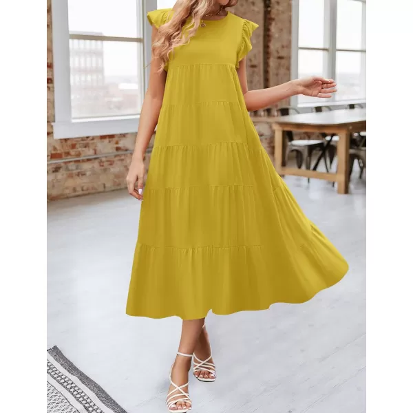 imageZESICA Womens 2024 Summer Ruffle Cap Sleeve Crewneck Casual Loose Flowy Pleated Tiered Midi Dresses with PocketsGinger