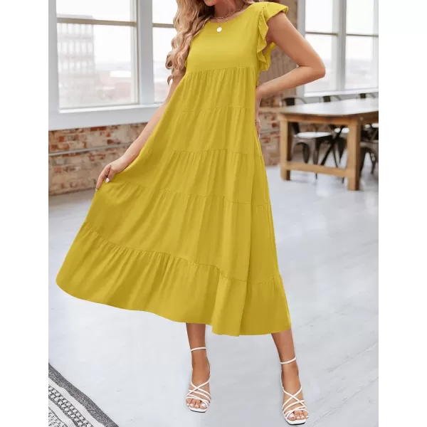 imageZESICA Womens 2024 Summer Ruffle Cap Sleeve Crewneck Casual Loose Flowy Pleated Tiered Midi Dresses with PocketsGinger
