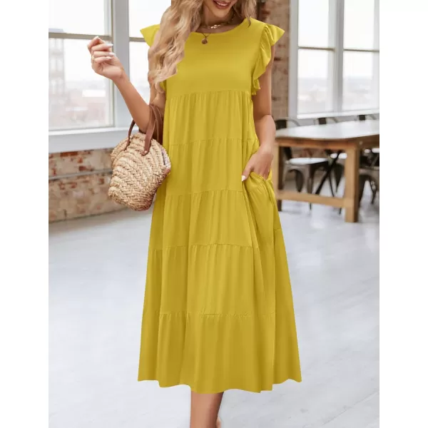 imageZESICA Womens 2024 Summer Ruffle Cap Sleeve Crewneck Casual Loose Flowy Pleated Tiered Midi Dresses with PocketsGinger