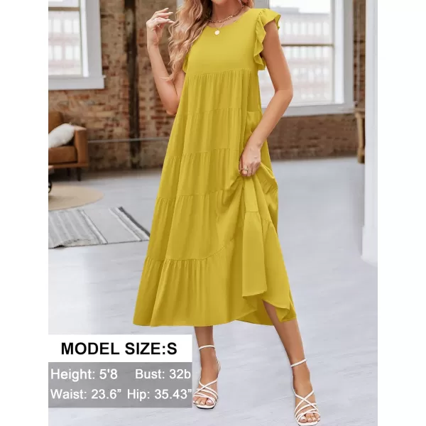 imageZESICA Womens 2024 Summer Ruffle Cap Sleeve Crewneck Casual Loose Flowy Pleated Tiered Midi Dresses with PocketsGinger