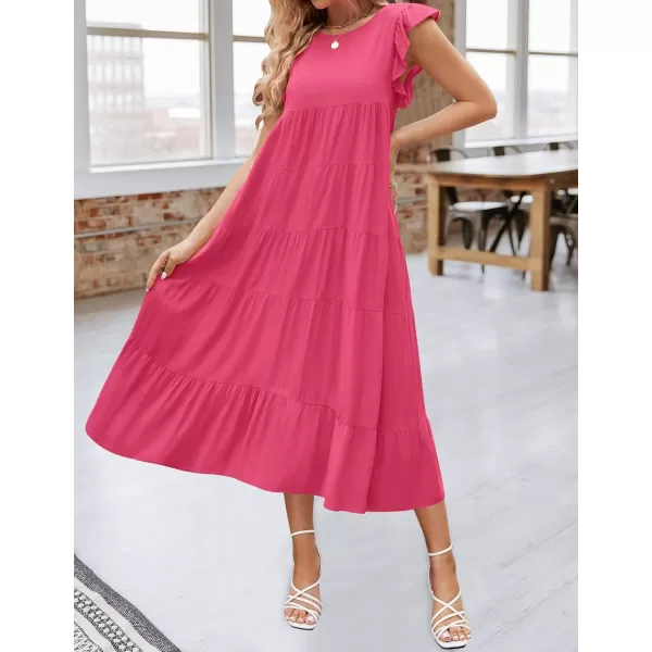 imageZESICA Womens 2024 Summer Ruffle Cap Sleeve Crewneck Casual Loose Flowy Pleated Tiered Midi Dresses with PocketsHotpink