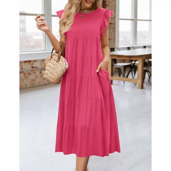 imageZESICA Womens 2024 Summer Ruffle Cap Sleeve Crewneck Casual Loose Flowy Pleated Tiered Midi Dresses with PocketsHotpink