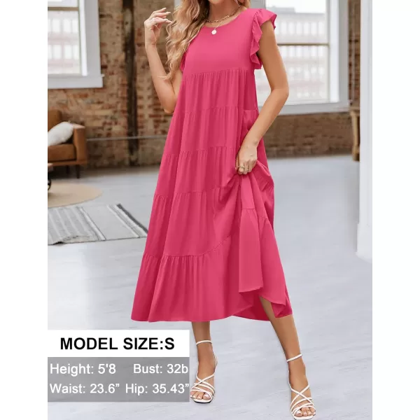 imageZESICA Womens 2024 Summer Ruffle Cap Sleeve Crewneck Casual Loose Flowy Pleated Tiered Midi Dresses with PocketsHotpink
