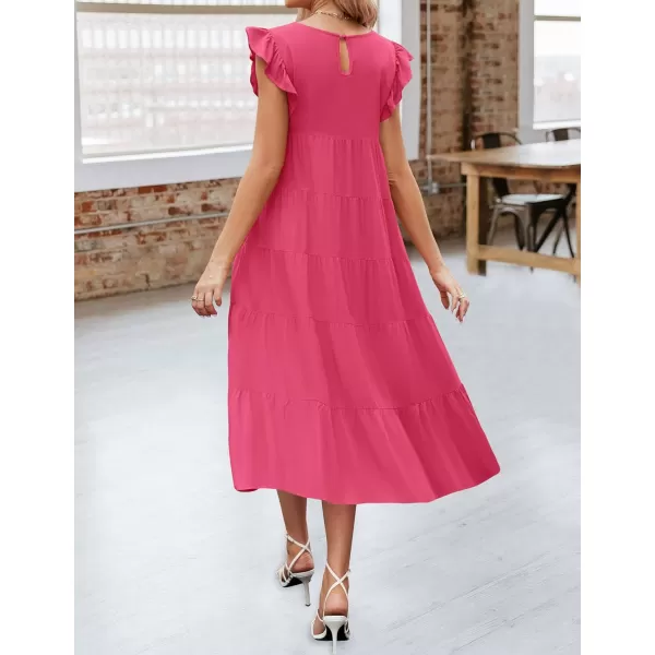 imageZESICA Womens 2024 Summer Ruffle Cap Sleeve Crewneck Casual Loose Flowy Pleated Tiered Midi Dresses with PocketsHotpink