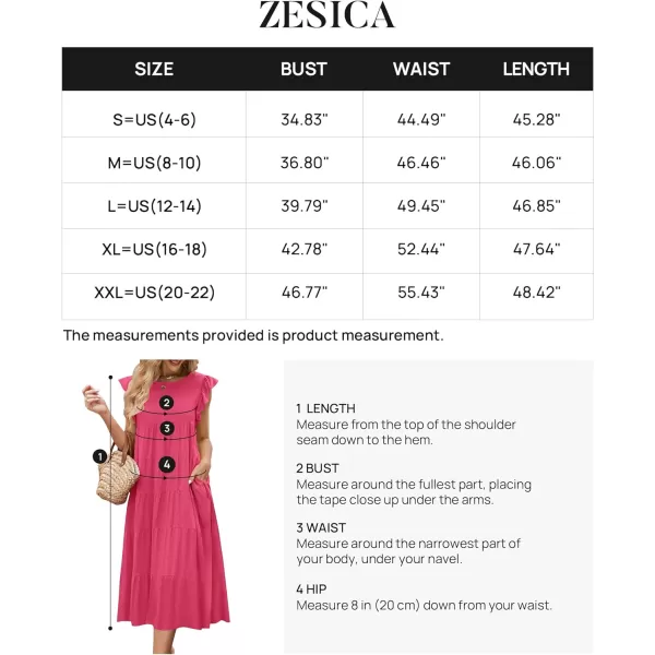 imageZESICA Womens 2024 Summer Ruffle Cap Sleeve Crewneck Casual Loose Flowy Pleated Tiered Midi Dresses with PocketsHotpink