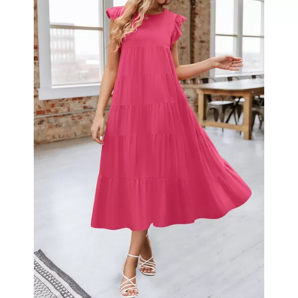 imageZESICA Womens 2024 Summer Ruffle Cap Sleeve Crewneck Casual Loose Flowy Pleated Tiered Midi Dresses with PocketsHotpink
