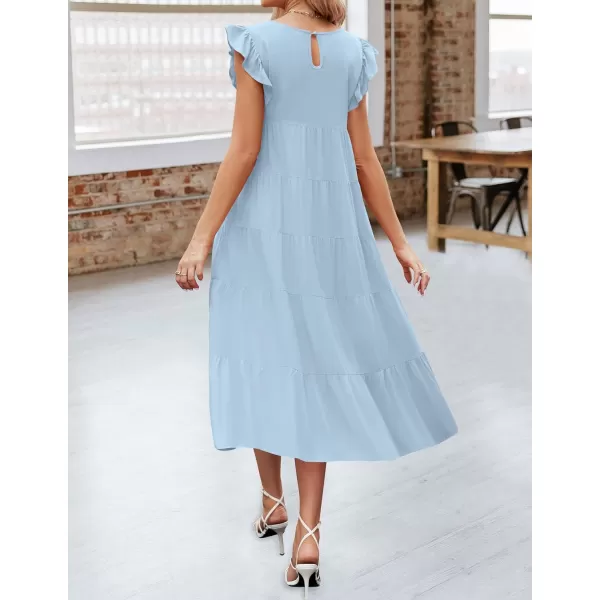 imageZESICA Womens 2024 Summer Ruffle Cap Sleeve Crewneck Casual Loose Flowy Pleated Tiered Midi Dresses with PocketsLightblue