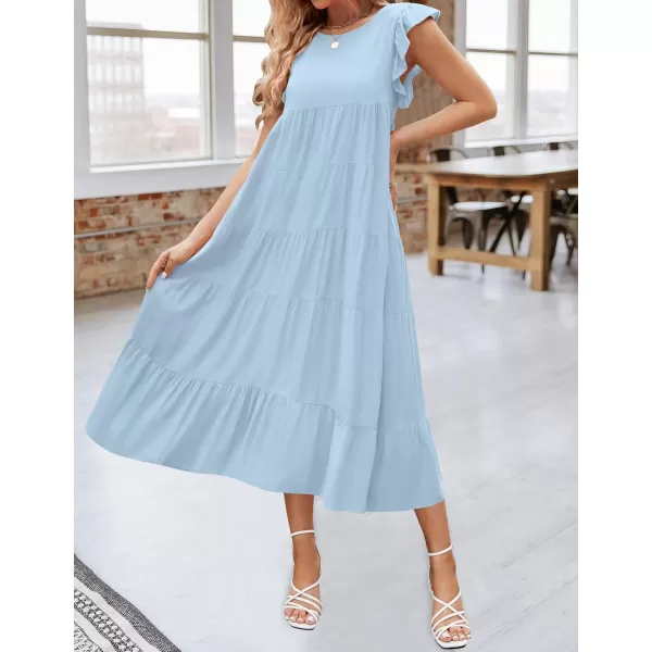 imageZESICA Womens 2024 Summer Ruffle Cap Sleeve Crewneck Casual Loose Flowy Pleated Tiered Midi Dresses with PocketsLightblue