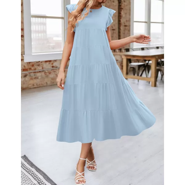 imageZESICA Womens 2024 Summer Ruffle Cap Sleeve Crewneck Casual Loose Flowy Pleated Tiered Midi Dresses with PocketsLightblue