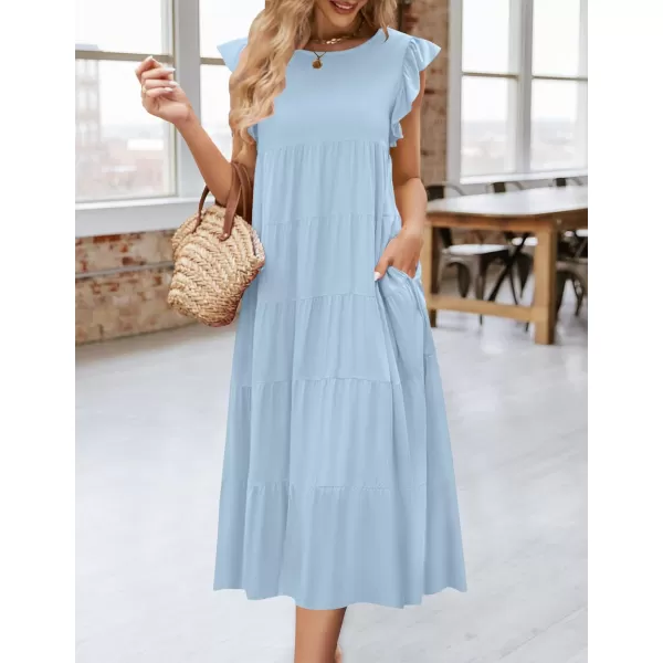 imageZESICA Womens 2024 Summer Ruffle Cap Sleeve Crewneck Casual Loose Flowy Pleated Tiered Midi Dresses with PocketsLightblue