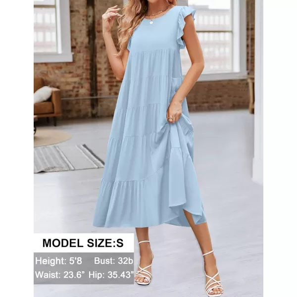 imageZESICA Womens 2024 Summer Ruffle Cap Sleeve Crewneck Casual Loose Flowy Pleated Tiered Midi Dresses with PocketsLightblue