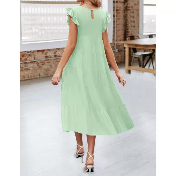 imageZESICA Womens 2024 Summer Ruffle Cap Sleeve Crewneck Casual Loose Flowy Pleated Tiered Midi Dresses with PocketsLightgreen