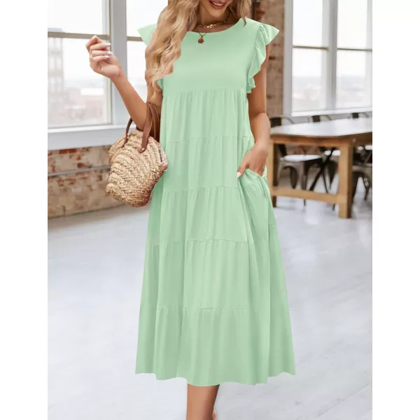 imageZESICA Womens 2024 Summer Ruffle Cap Sleeve Crewneck Casual Loose Flowy Pleated Tiered Midi Dresses with PocketsLightgreen