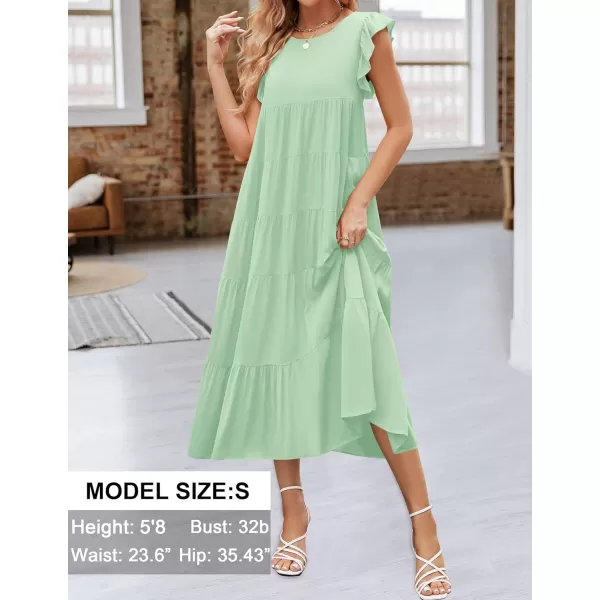 imageZESICA Womens 2024 Summer Ruffle Cap Sleeve Crewneck Casual Loose Flowy Pleated Tiered Midi Dresses with PocketsLightgreen