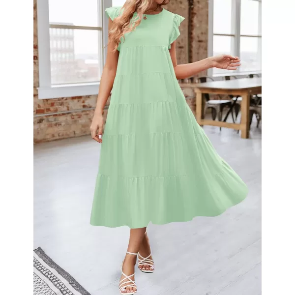 imageZESICA Womens 2024 Summer Ruffle Cap Sleeve Crewneck Casual Loose Flowy Pleated Tiered Midi Dresses with PocketsLightgreen