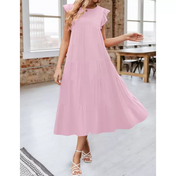 imageZESICA Womens 2024 Summer Ruffle Cap Sleeve Crewneck Casual Loose Flowy Pleated Tiered Midi Dresses with PocketsLightpink
