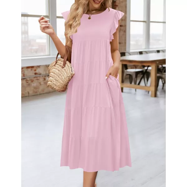 imageZESICA Womens 2024 Summer Ruffle Cap Sleeve Crewneck Casual Loose Flowy Pleated Tiered Midi Dresses with PocketsLightpink