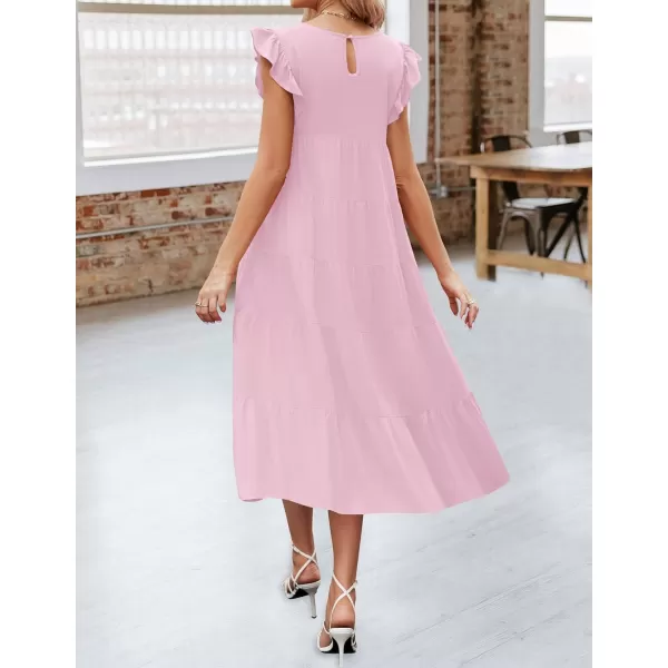 imageZESICA Womens 2024 Summer Ruffle Cap Sleeve Crewneck Casual Loose Flowy Pleated Tiered Midi Dresses with PocketsLightpink