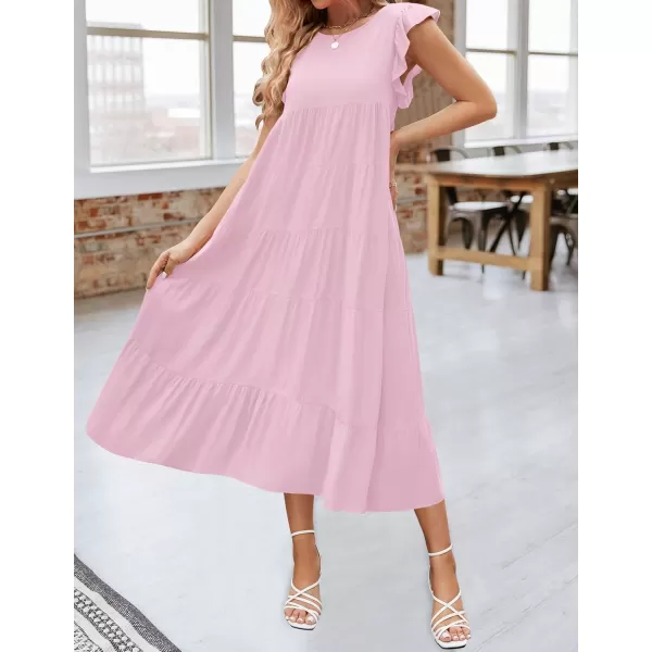 imageZESICA Womens 2024 Summer Ruffle Cap Sleeve Crewneck Casual Loose Flowy Pleated Tiered Midi Dresses with PocketsLightpink