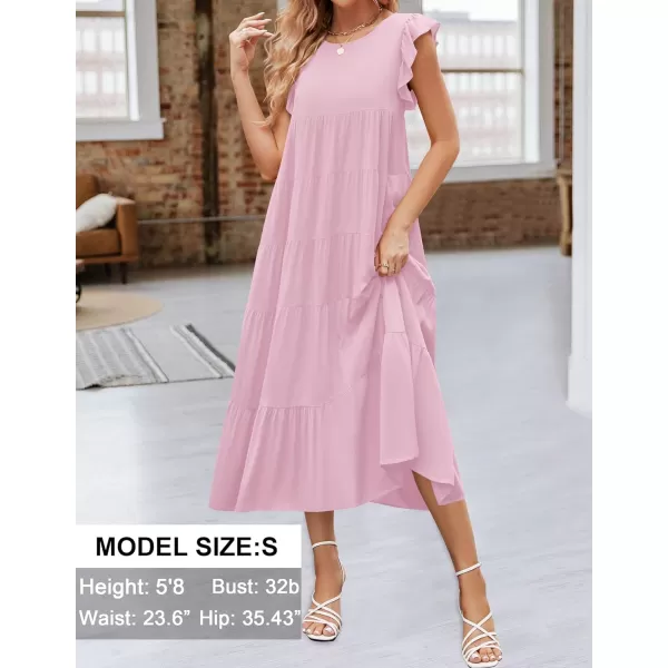 imageZESICA Womens 2024 Summer Ruffle Cap Sleeve Crewneck Casual Loose Flowy Pleated Tiered Midi Dresses with PocketsLightpink