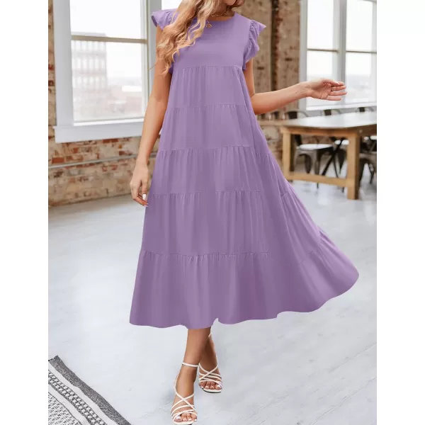 imageZESICA Womens 2024 Summer Ruffle Cap Sleeve Crewneck Casual Loose Flowy Pleated Tiered Midi Dresses with PocketsPurple