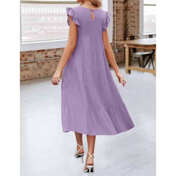 imageZESICA Womens 2024 Summer Ruffle Cap Sleeve Crewneck Casual Loose Flowy Pleated Tiered Midi Dresses with PocketsPurple