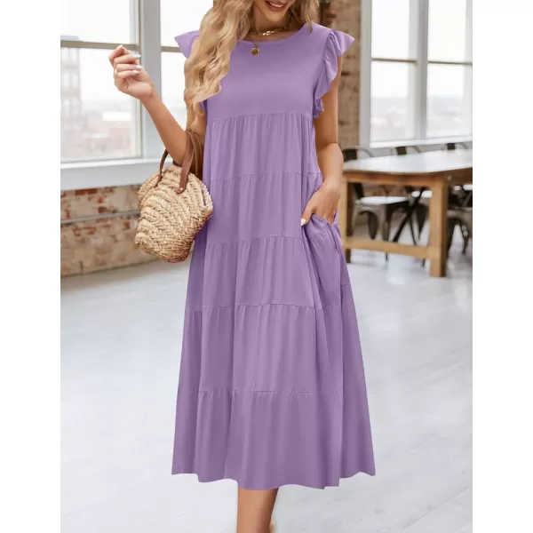imageZESICA Womens 2024 Summer Ruffle Cap Sleeve Crewneck Casual Loose Flowy Pleated Tiered Midi Dresses with PocketsPurple