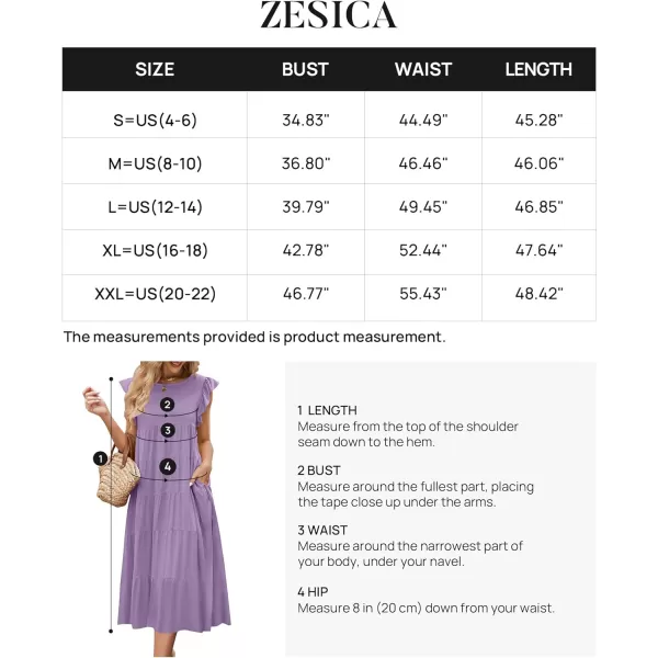imageZESICA Womens 2024 Summer Ruffle Cap Sleeve Crewneck Casual Loose Flowy Pleated Tiered Midi Dresses with PocketsPurple